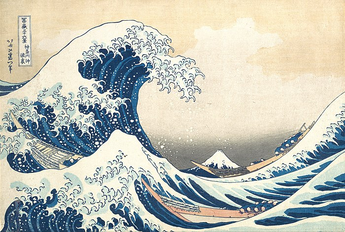 "The Great Wave off Kanagawa" by Hokusai. A woodblock print of a cresting wave.