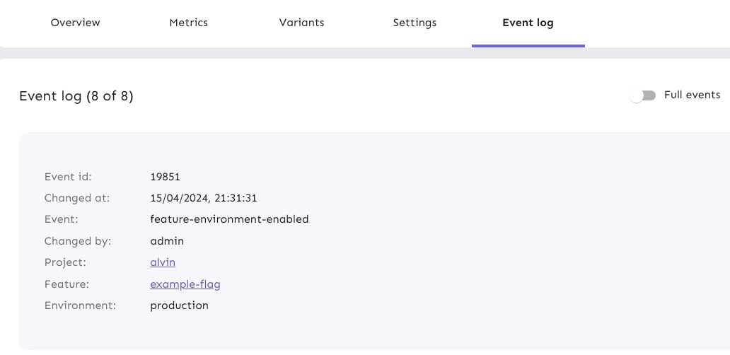 Event Log in Unleash tracks every single change made to flags, similar to Git commit history.